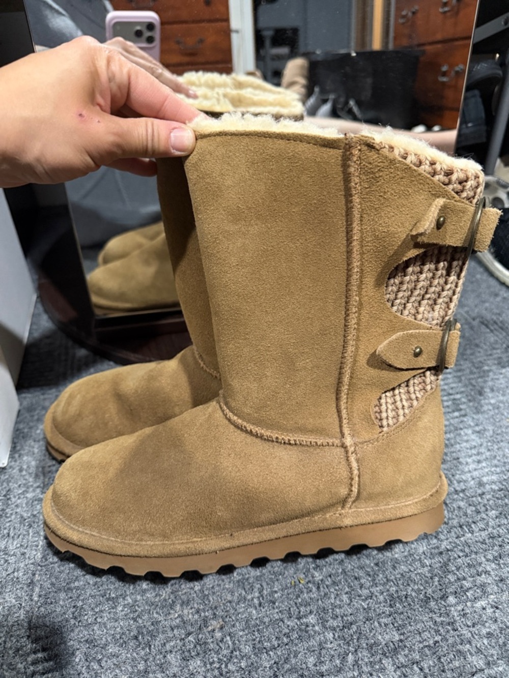 BearPaw Women's Tan Suede Mid-Calf Shearling Boots